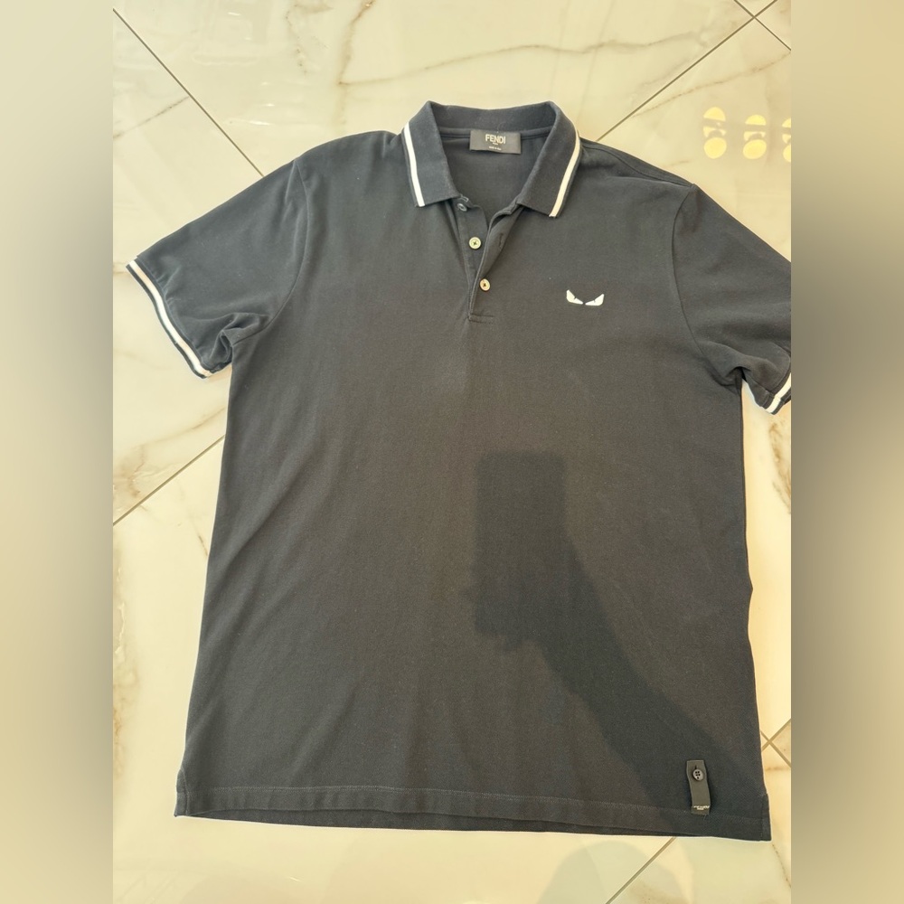Fendi Men’s Black Polo with White Trim and Logo